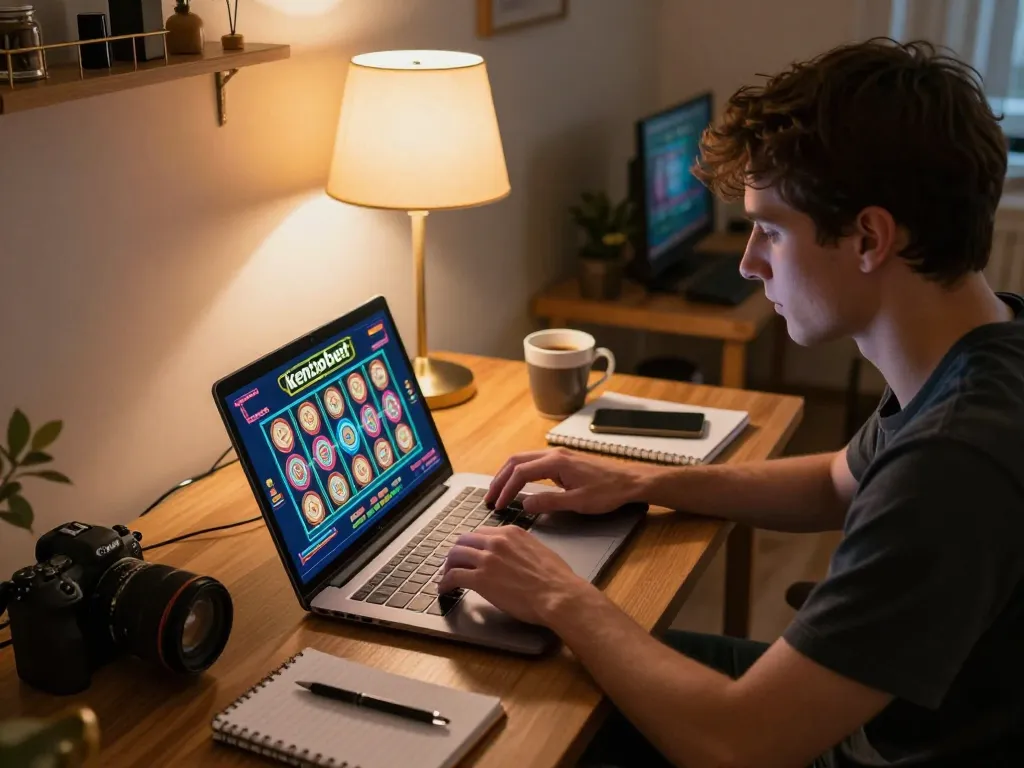 Engaging with kenzobet slot in a cozy home office, showcasing online gaming strategy and relaxation
