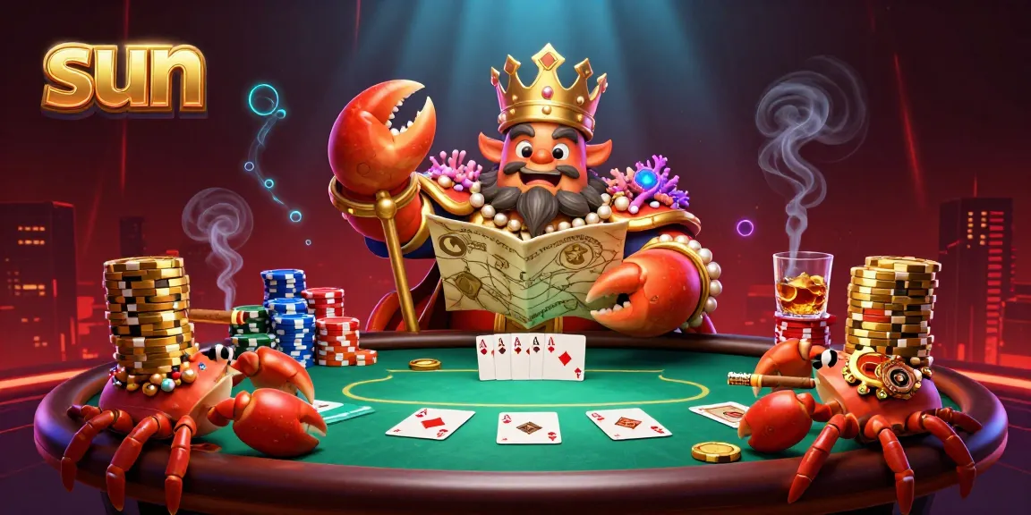 Experience the thrilling sun-themed casino environment with a golden crab emperor and vibrant poker elements.