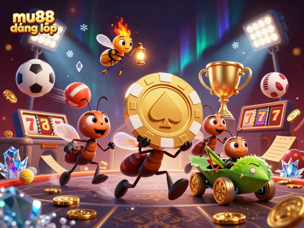 Engage with the vibrant world of mu88 đăng nhập, showcasing a whimsical 3D heist by ants central to casino action.