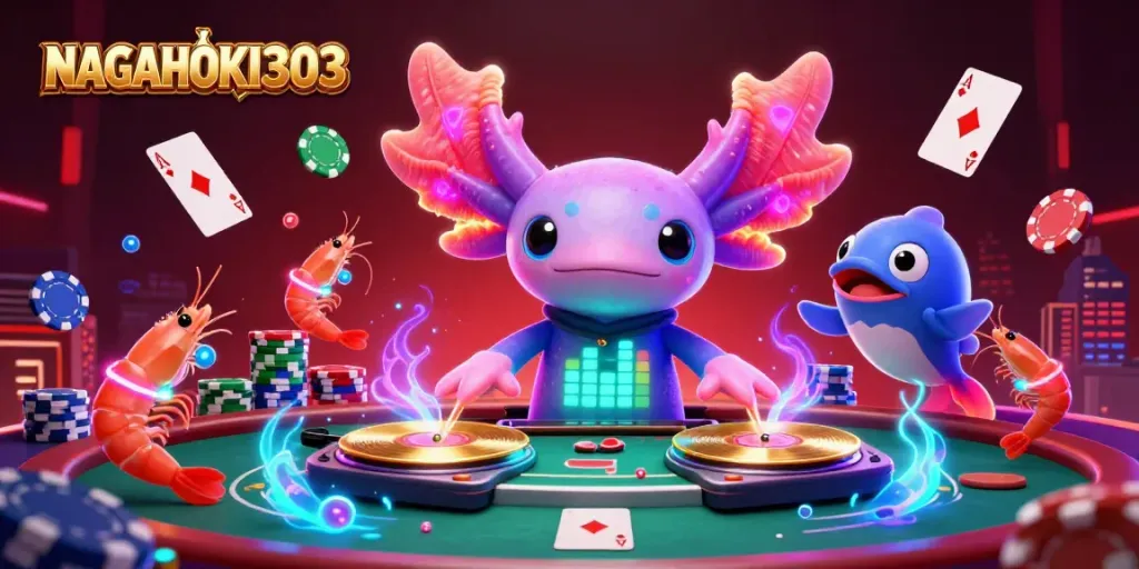 NAGAHOKI303 lively casino scene with a colorful axolotl DJ and dancing shrimp.
