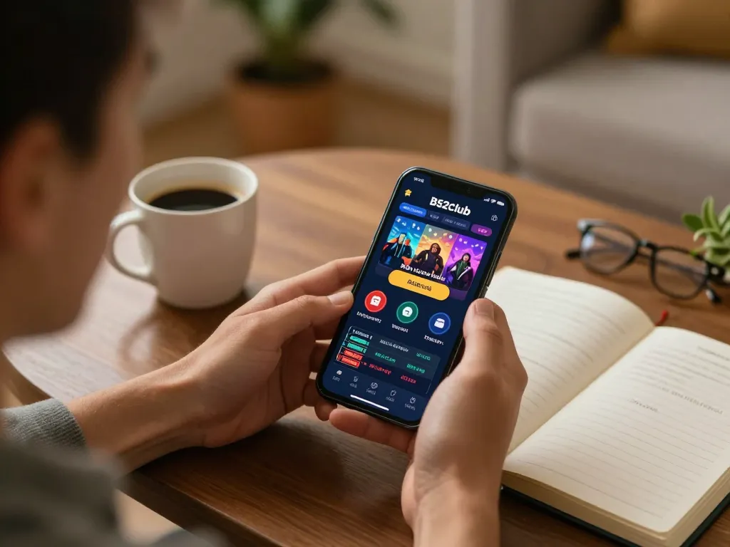B52club player enjoying online casino gaming on smartphone in cozy home setup, engaging with app