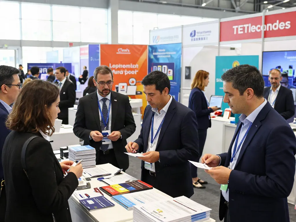 Eksibitor networking scene at a vibrant trade expo with diverse professionals exchanging ideas.