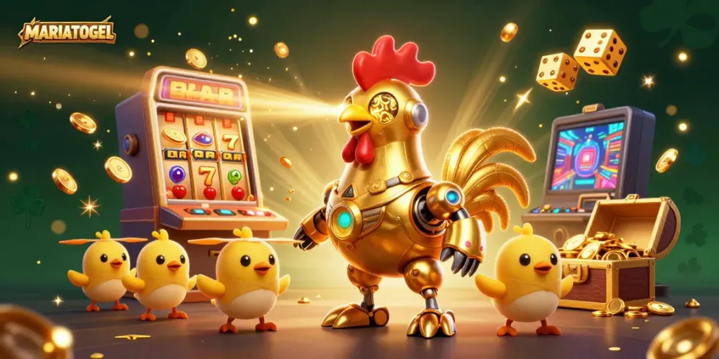 MARIATOGEL features a dynamic scene with a golden rooster robot and slot machines exploding with coins.