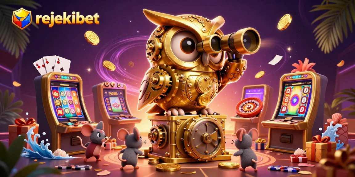 Experience rejekibet with a dynamic scene of a golden owl and slot games in action, showcasing casino excitement.