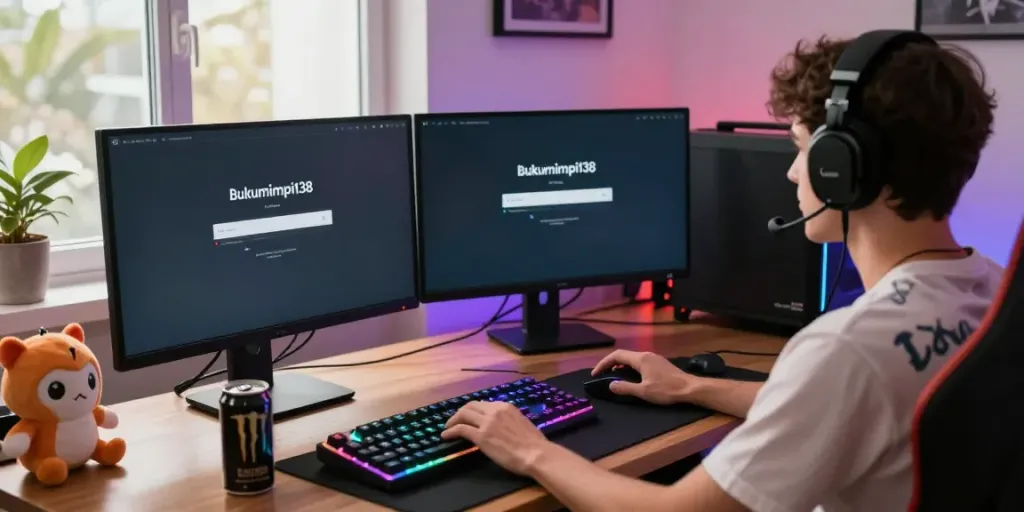 Pengguna sedang melakukan login bukumimpi138 di ruang gaming modern dengan layar komputer menunjukkan antarmuka login.