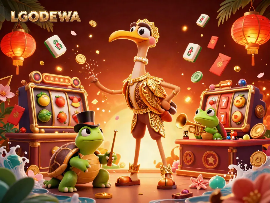 Experience the thrill of LGODEWA with vibrant spinning slot reels and lively characters in a rich casino scene.