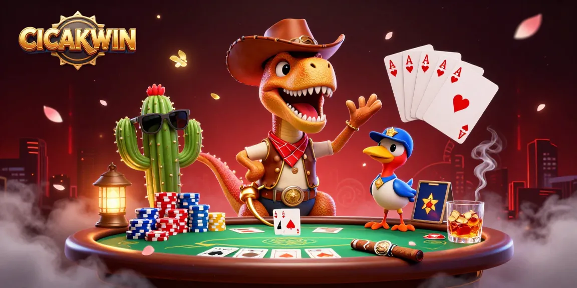 CICAKWIN engages players with a vibrant poker scene featuring a T-Rex and fun casino elements.