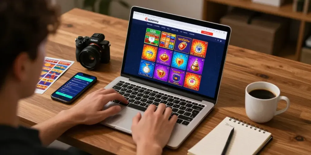 Pemakai berinteraksi di situs SKINTOTO toto togell dengan laptop dan smartphone, dikelilingi elemen warna-warni permainan togel.