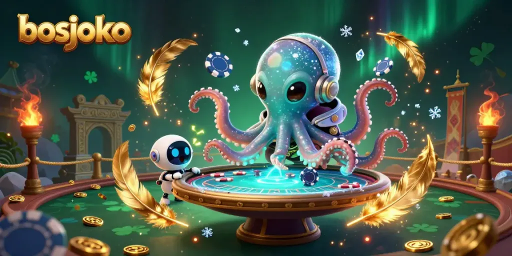 Engage in vibrant poker action with bosjoko's alien octopus at a holographic table, amidst dynamic casino elements.