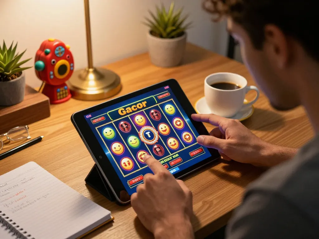 Engaged player enjoying Slot Gacor online game on tablet during cozy home gaming session.