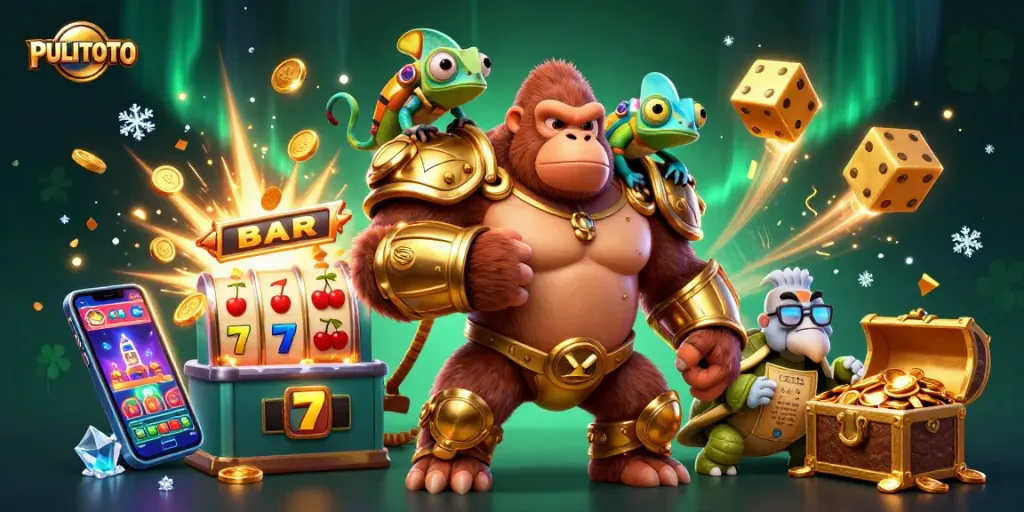 PULITOTO players win big with a dynamic and colorful casino scene featuring a gorilla king and jackpot elements.