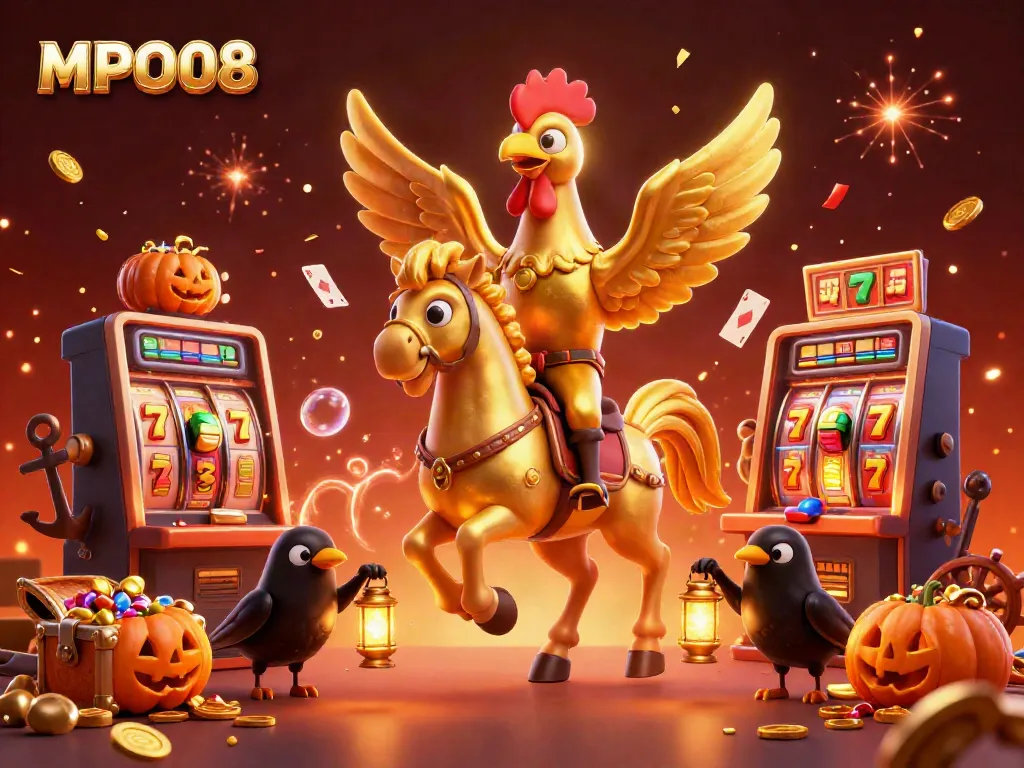 MPO08 slot strategies illustrated by a golden rooster and spectral horse bringing wins in a dynamic casino scene.