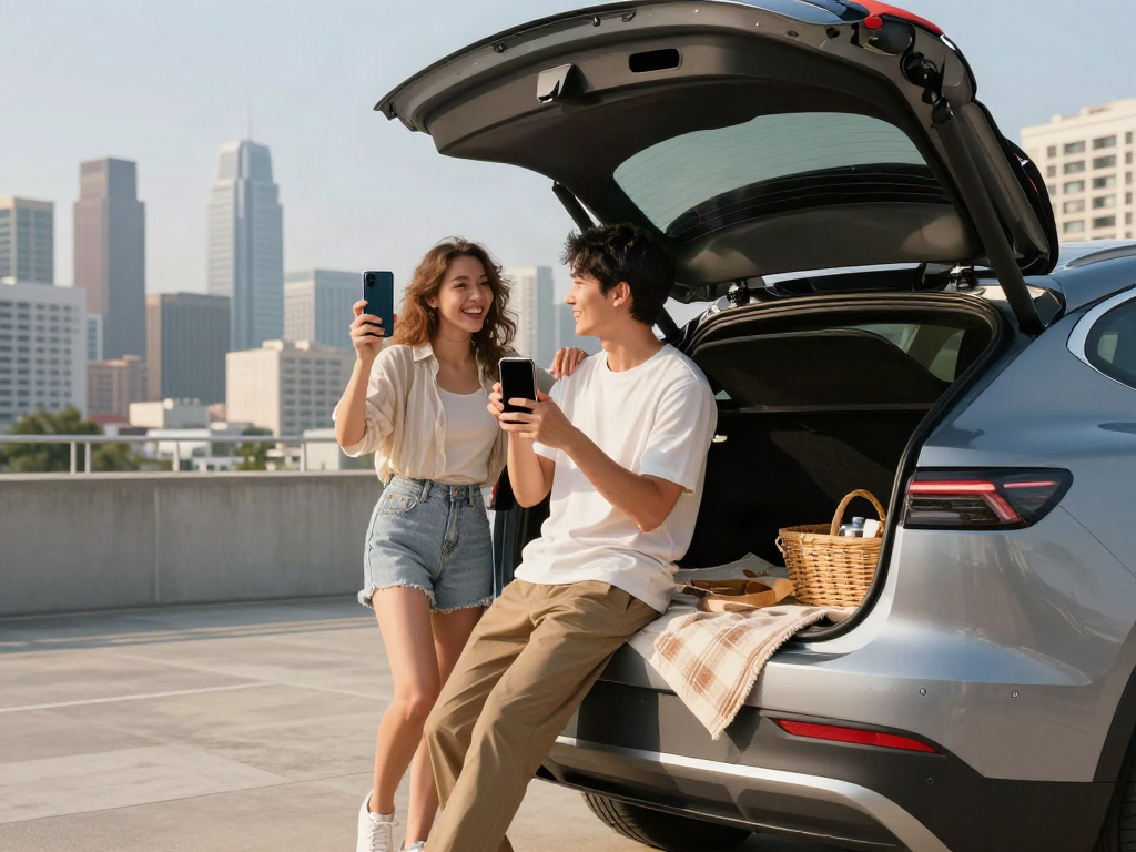 Pasangan muda menikmati momen bermain di dekat mobil, menyimpan barang piknik dan smartphone untuk foto, sesuai dengan bukumimpi138.