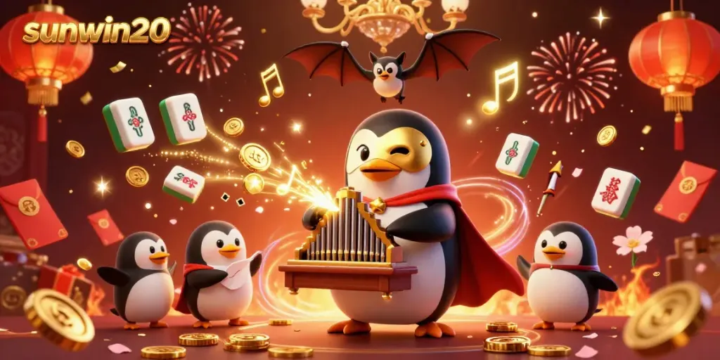 Experience the thrill of sunwin20 with a festive 3D casino scene featuring animated characters and a golden organ.