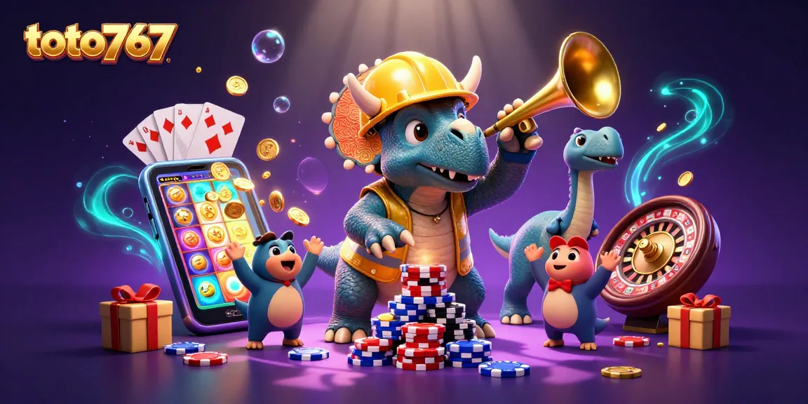 Toto767 merayakan kemenangan dengan dinosaurus kartun dan permainan slot berwarna-warni dalam ilustrasi menarik.