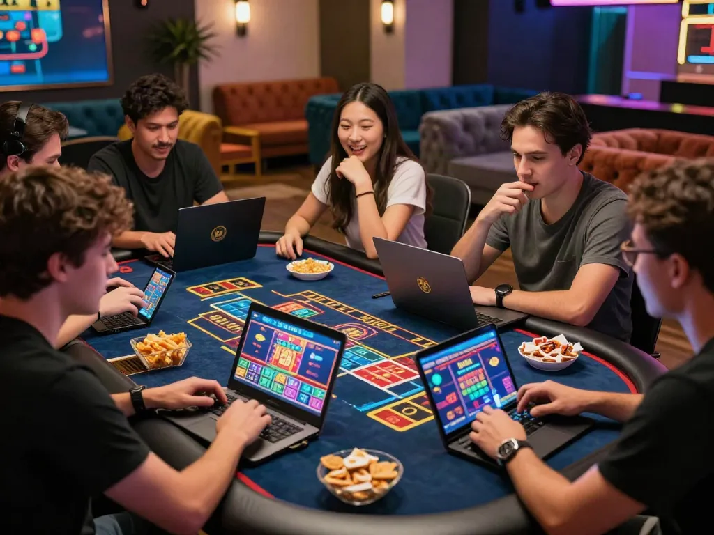 Engaged friends playing Seributoto lottery game at modern gaming table with laptops and snacks.
