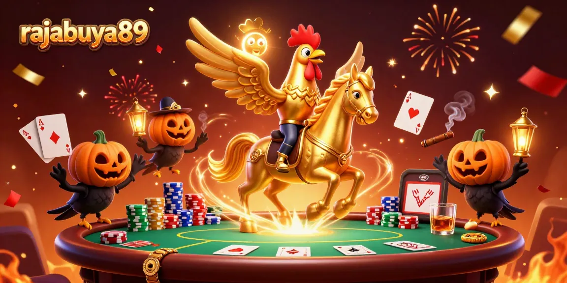 Experience winning at rajabuya89 with a golden rooster riding a spectral horse amidst casino excitement.