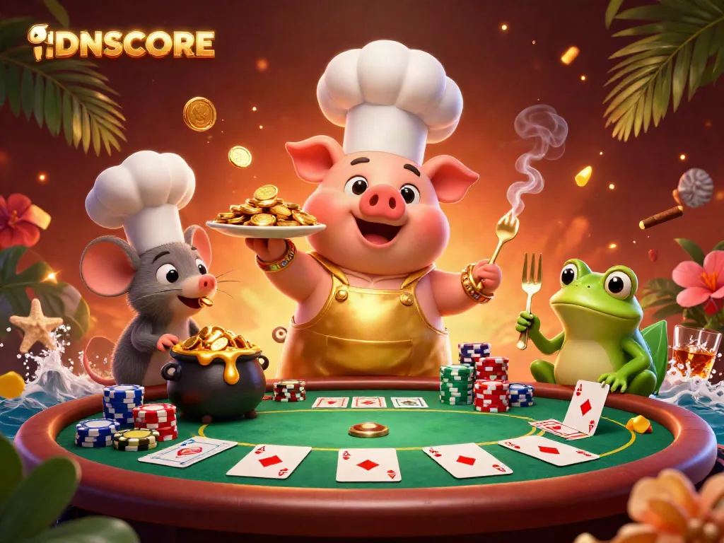 Experience the excitement of IDNSCORE with a lavish scene featuring a chef pig serving gold coins.
