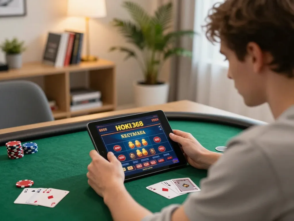 Pemain yang terlibat menikmati permainan kasino online HOKI368 di tablet dalam suasana rumah yang nyaman.