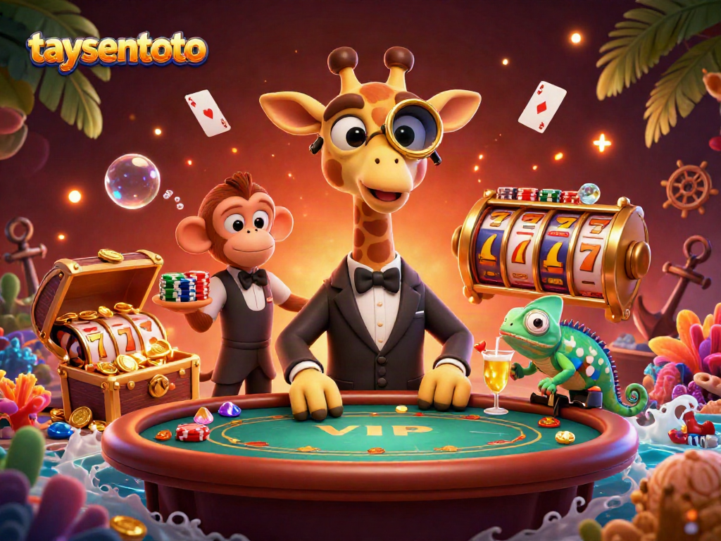 Permainan taysentoto dengan jerapah dan kelereng di meja poker yang mewah, menampilkan suasana kasino yang menarik.