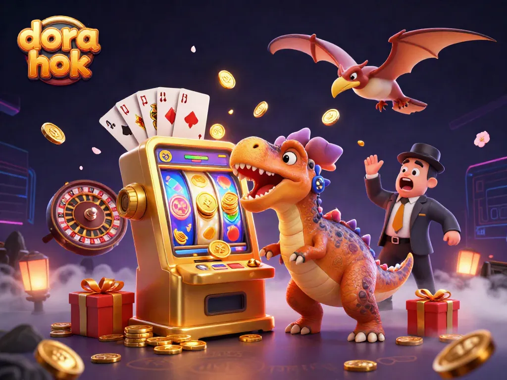 Dora hok menghasilkan koin jackpot dari mesin slot sambil dikelilingi elemen kasino yang menarik.