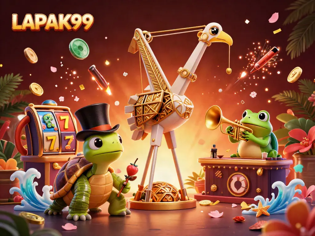 LAPAK99 offers thrilling winning opportunities with vibrant 3D slot-themed illustration.
