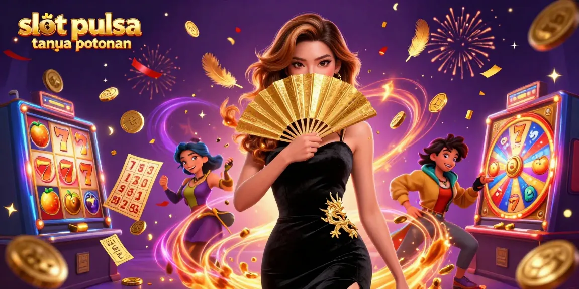Gamble smartly and win big with slot pulsa tanpa potongan, featuring vibrant slot machines and lucky symbols.