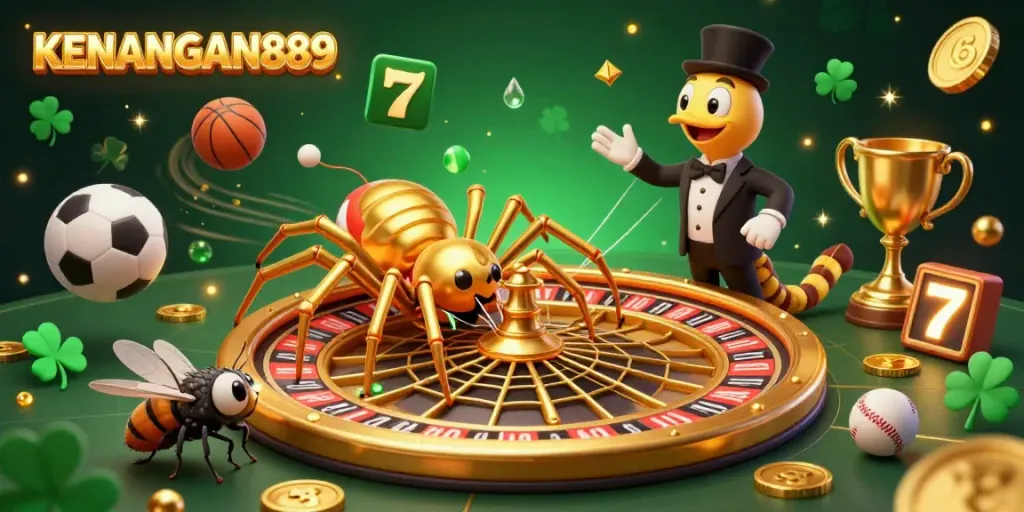 Place your bets with KENANGAN889 in this vibrant 3D casino scene filled with exciting gaming elements.