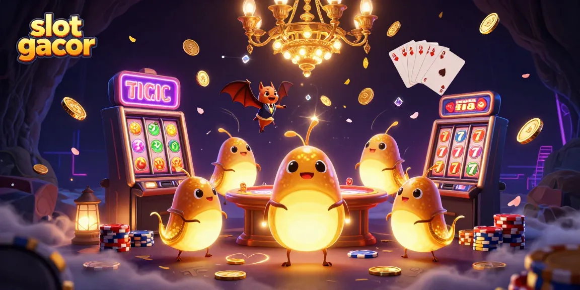 Slot gacor memikat dengan cacing bercahaya di kasino gua yang megah, dikelilingi oleh uang emas.