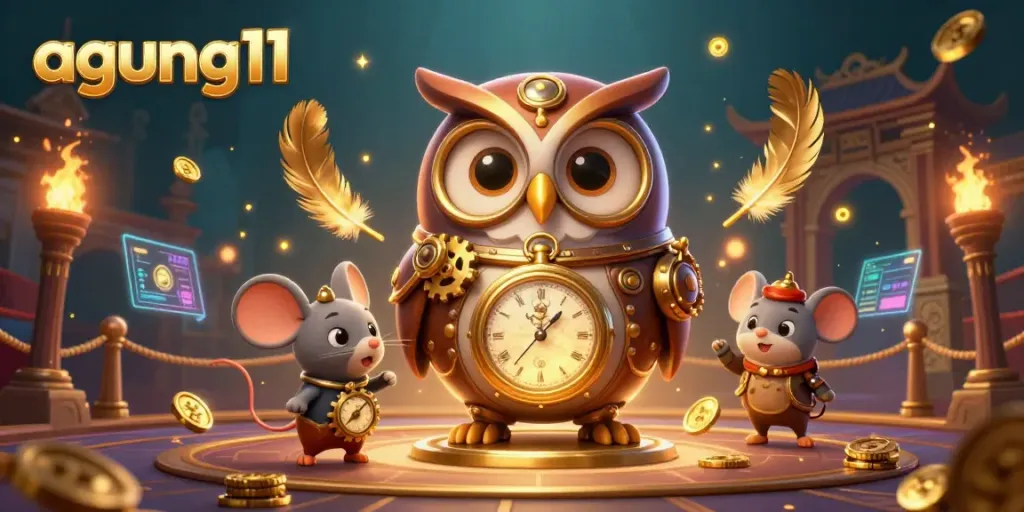Engage with agung11 platform in a rich casino environment guided by an owl in steampunk gear.