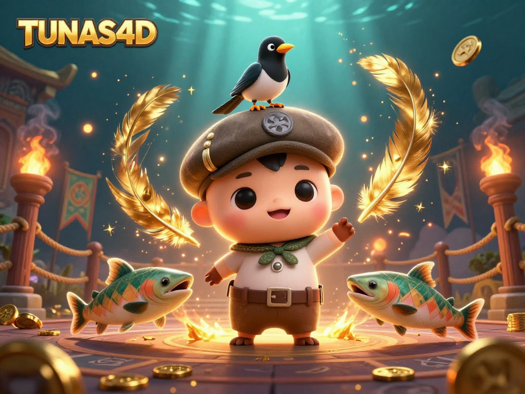 TUNAS4D reveals dynamic gameplay with playful baby Nessie and gold-obsessed magpie surrounded by colorful gambling elements.