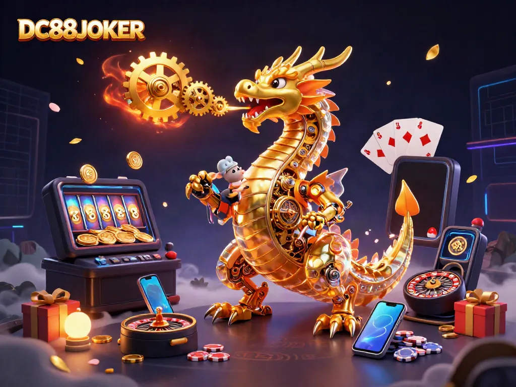 Experience a vibrant DC88JOKER scene with a dragon, vibrant game elements, and casino visuals.