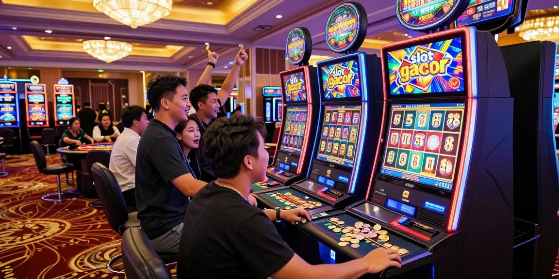 Excited patrons celebrating a big win at a "slot gacor" machine in a lively casino.