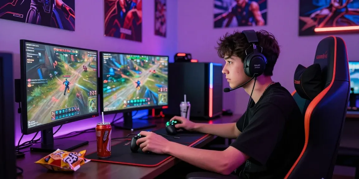 Engaging gamer focused on link slot strategies in a vibrant gaming setup.